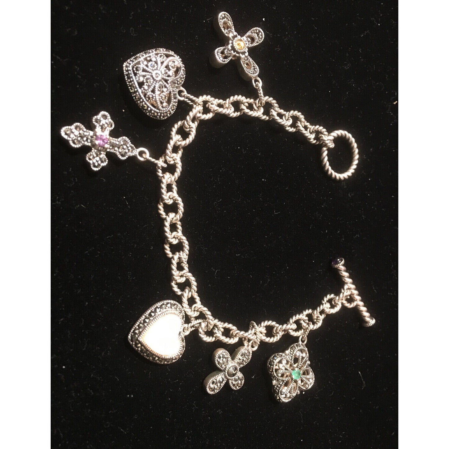 STERLING SILVER HEARTS AND ROSES CHARM BRACELET SKY