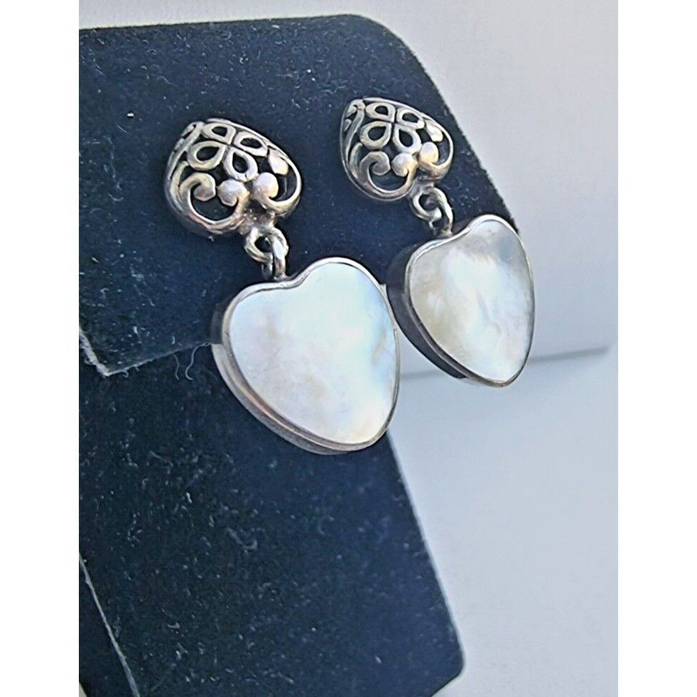 VINTAGE 925 STERLING SILVER MOTHER OF PEARL HEARTS EARRINGS AT