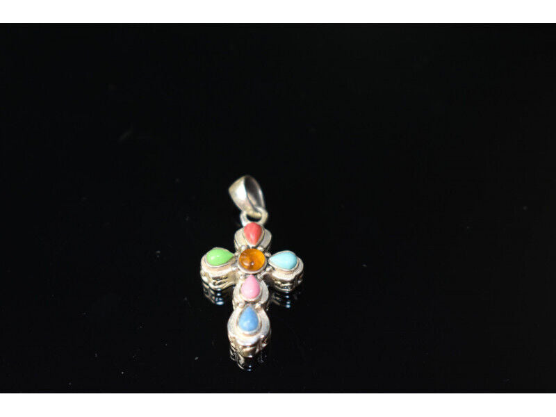 925 STERLING SILVER MULTICOLOR AGATE CROSS PENDANT