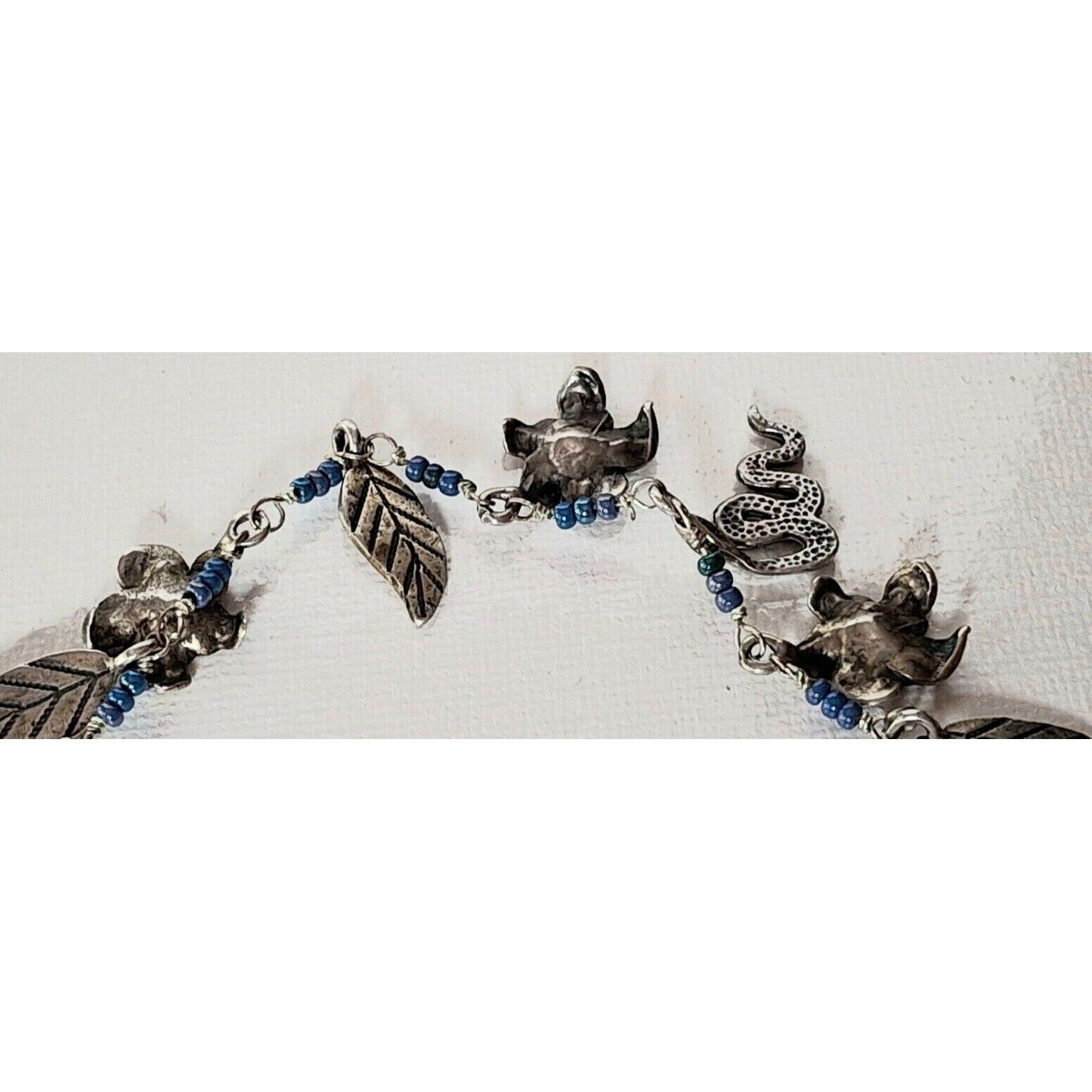 925 STERLING SILVER LEAVES,  FLOWERS  AND SNAKE BEADED CHARM BRACELET SKY