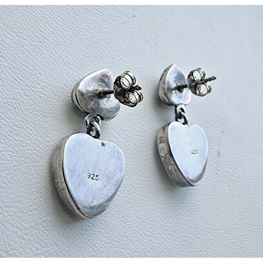 VINTAGE 925 STERLING SILVER MOTHER OF PEARL HEARTS EARRINGS AT