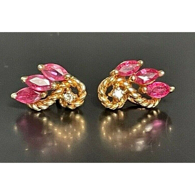 14K YELLOW GOLD PINK TOPAZ & DIAMOND STUD  EARRINGS SKY