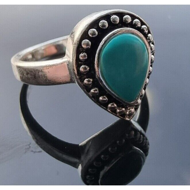 WESTERN STYLE 925 STERLING SILVER TEARDROP  8x6 mm. TURQUOISE RING SIZE 7 AT