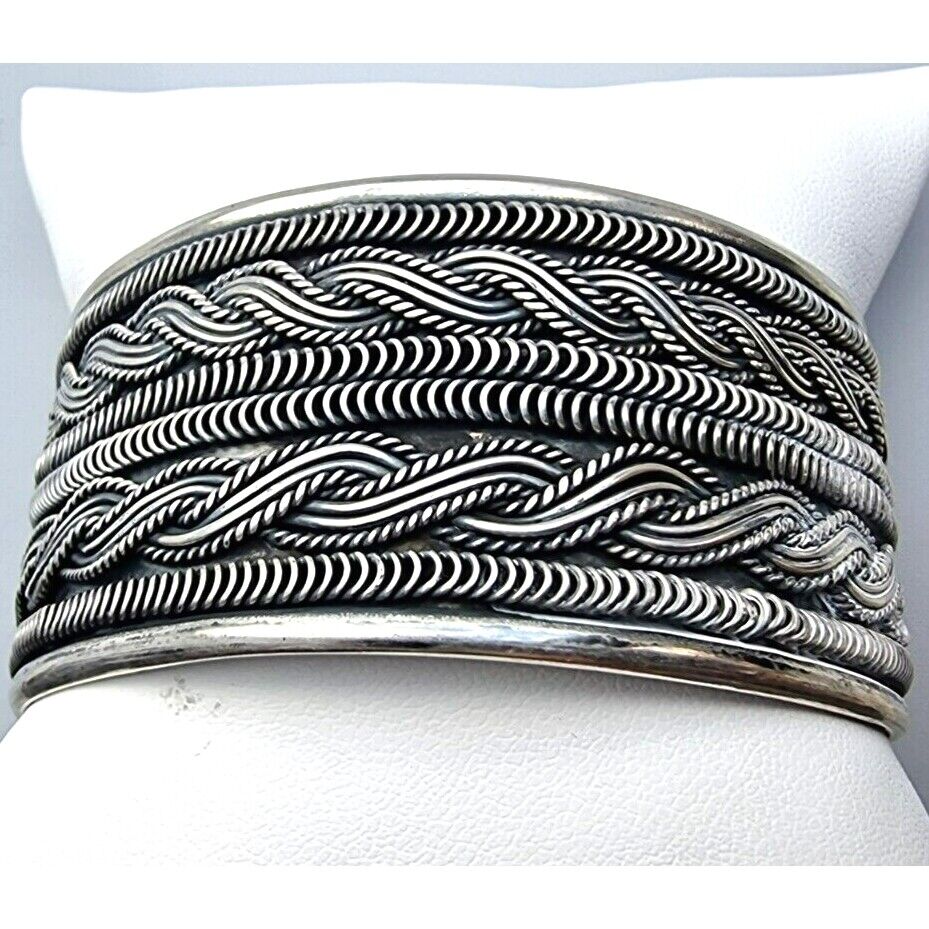 VINTAGE MULTI PATTERN 925 STERLING SILVER CUFF  BRACELET AT