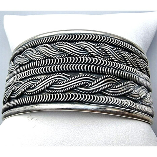 VINTAGE MULTI PATTERN 925 STERLING SILVER CUFF  BRACELET AT