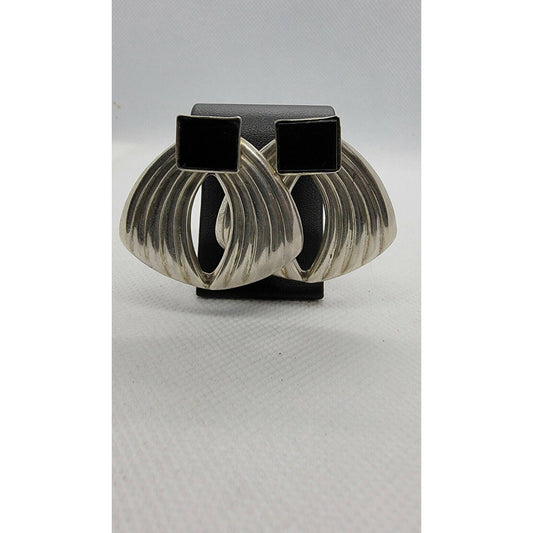 LARGE EMP. PLAT MEXICO 925 STERLING SILVER & ONYX  EARRINGS SKY