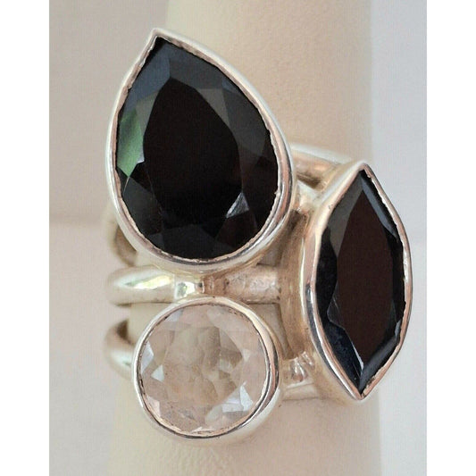 925 STERLING SILVER NEAR COLORLESS AQUAMARINE AND BLACK TOURMALINE RING SIZE SKY