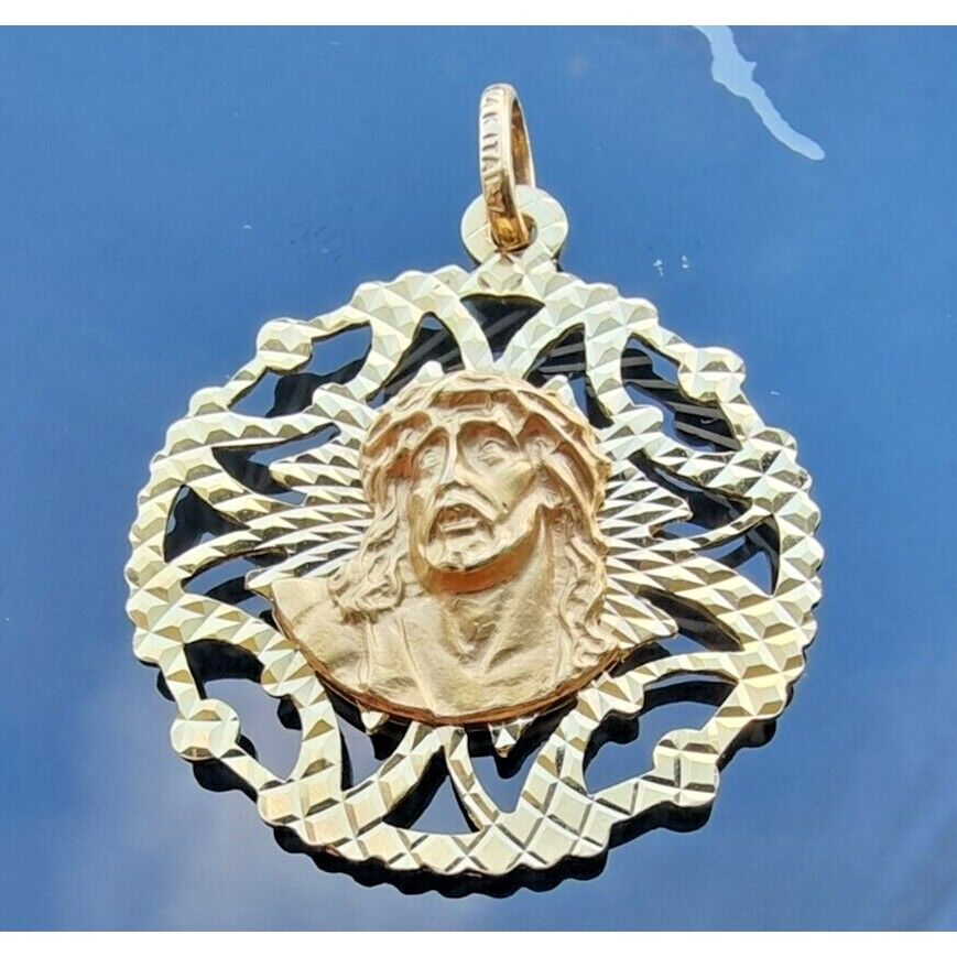 LARGE 14K YELLOW GOLD VIRGIN MARY AND JESUS BILATERAL ITALIAN CHARM PENDANT AT