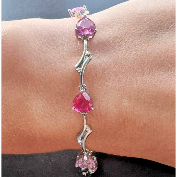 925 STERLING SILVER DIAMOND PINK TOURMALINE PINK SAPPHIRE RUBY HEART BRACELET AT