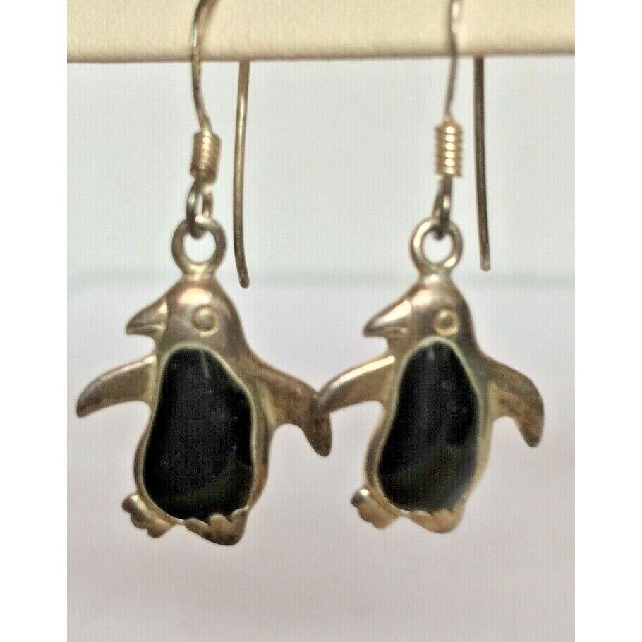 CUTE 925 STERLING SILVER BLACK ONYX PENGUIN DANGLE EARRINGS SKY