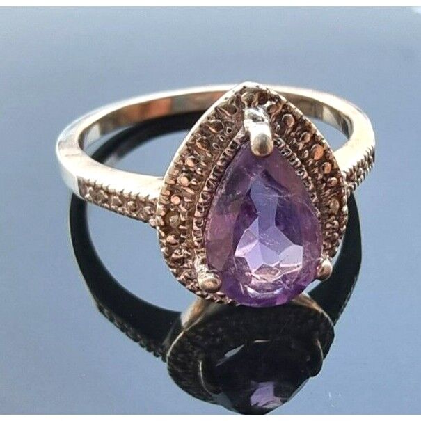 925 STERLING SILVER NATURAL  9x6 mm. PEAR SHAPED AMETHYST RING SIZE 8 AT