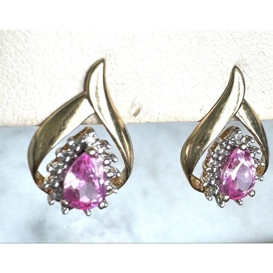 YELLOW GOLD LAB-CREATED PINK SAPPHIRE AND DIAMOND EARRINGS SKY