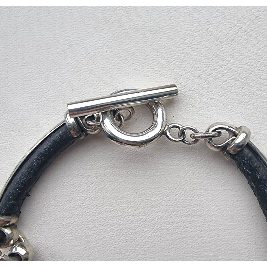 925 STERLING SILVER AND LEATHER LINK TOGGLE BRACELET  8.5 INCH AT