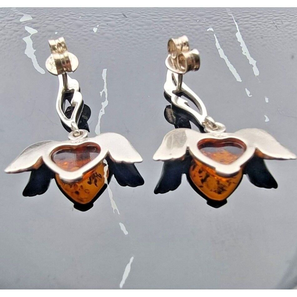 VINTAGE 925 STERLING SILVER HEART BALTIC AMBER, ANGEL WINGS DROP EARRINGS AT