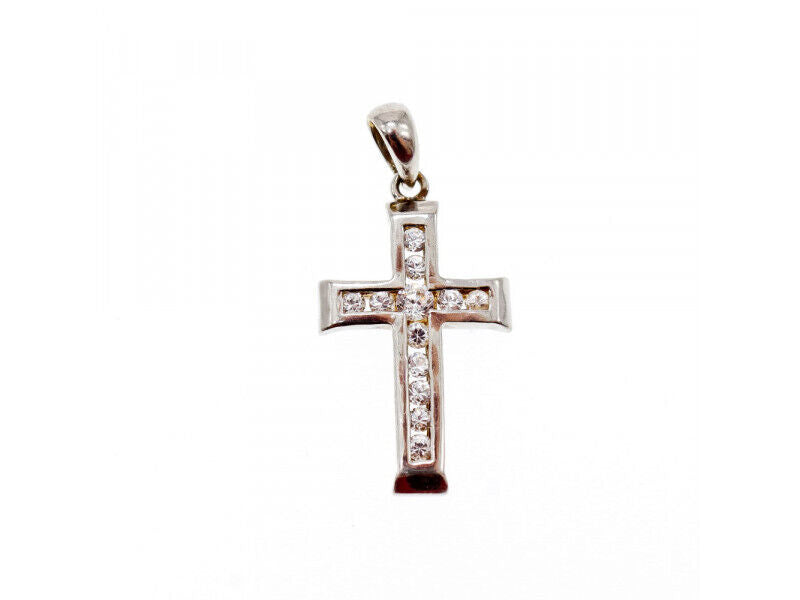 14K WHITE GOLD WHITE SAPPHIRES PENDANT CROSS