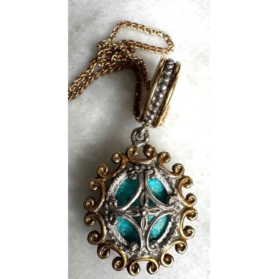 ORNATE 925 STERLING SILVER VERMEIL AND TURQUOISE CHARM PENDANT NECKLACE SKY