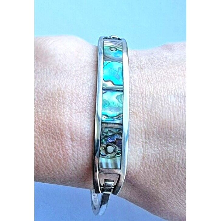 TAXCO 925 STERLING SILVER ABALONE SHELL INLAY CUFF BRACELET AT