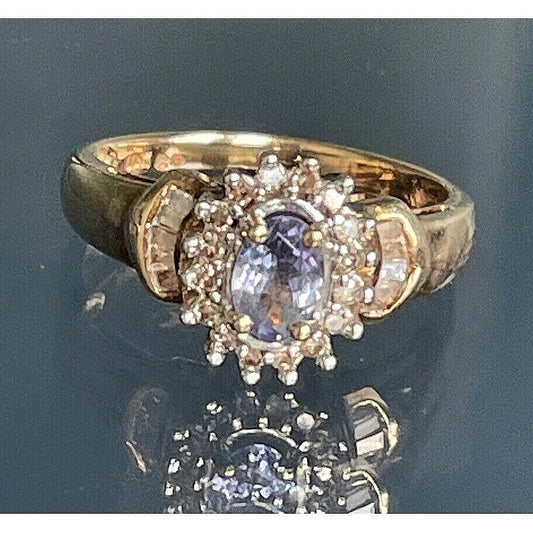 YELLOW GOLD TANZANITE AND DIAMOND RING SIZE 7.25 SKY