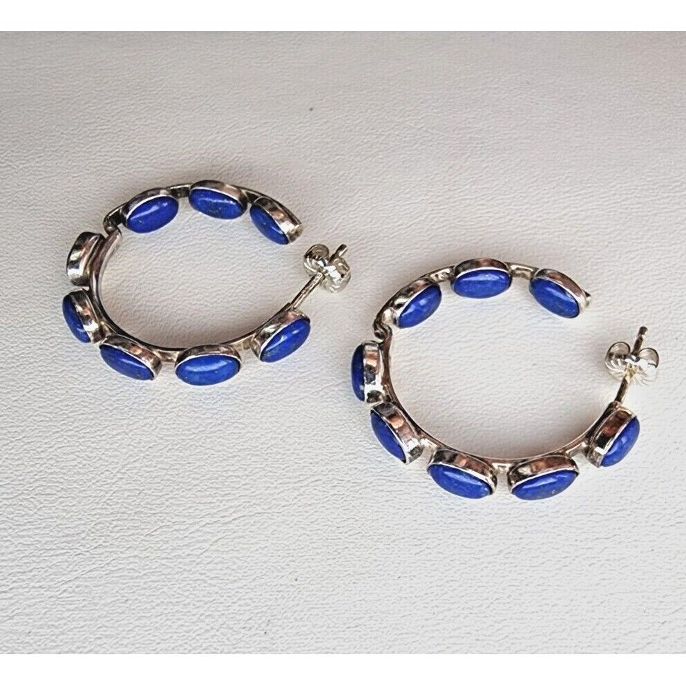 STYLISH 925 STERLING SILVER NATURAL LAPIS LAZULI HOOP EARRINGS AT