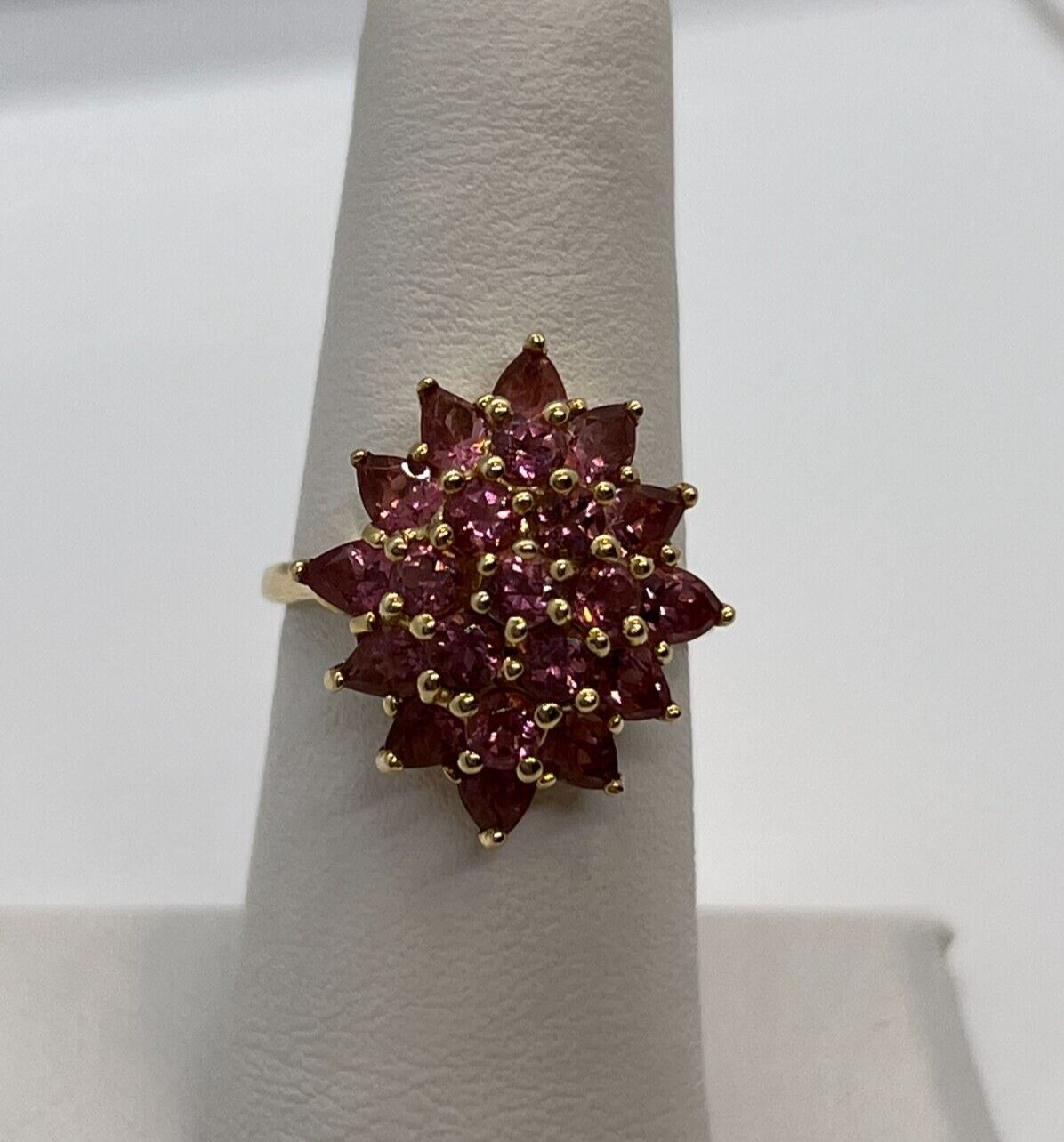 14K YELLOW GOLD & PINK SPINEL FLOWER RING  SIZE 5.5