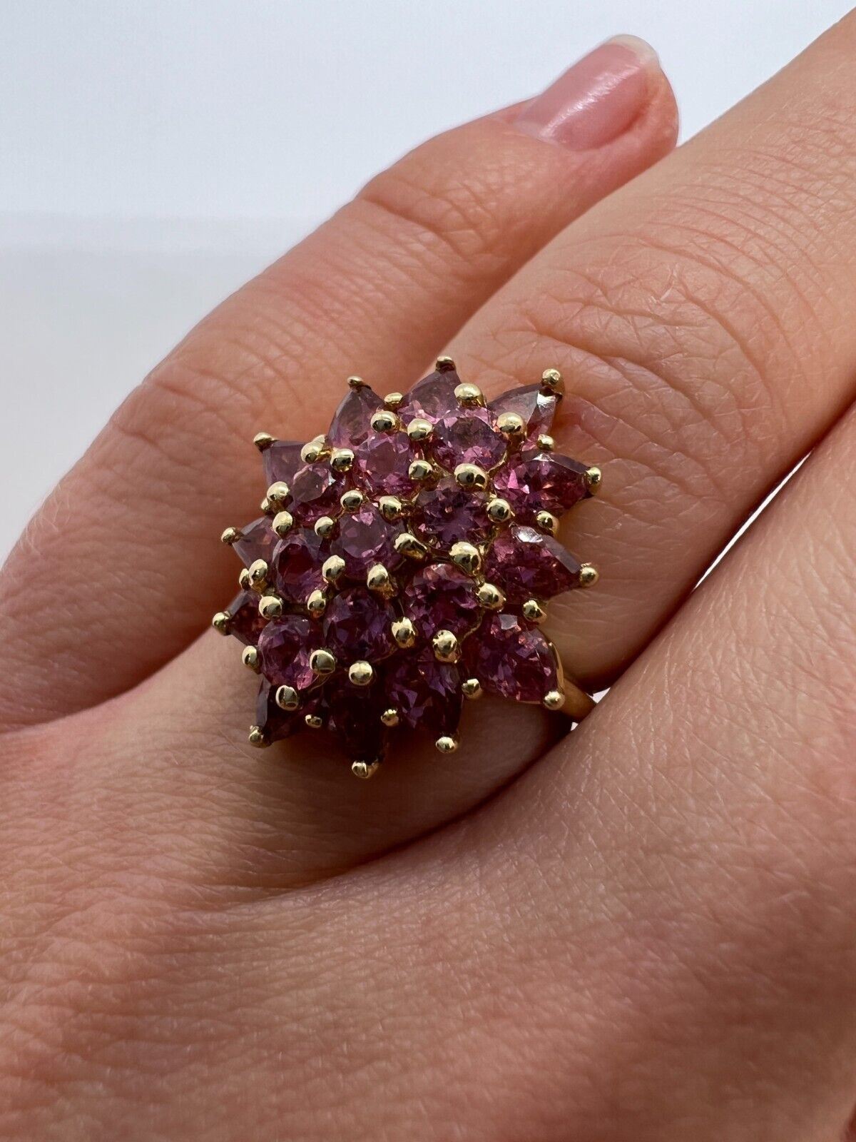 14K YELLOW GOLD & PINK SPINEL FLOWER RING  SIZE 5.5