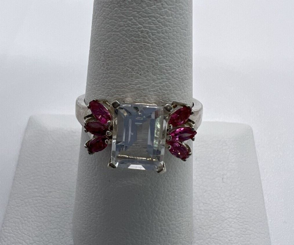 925 STERLING SILVER PINK & COLORLESS SPINEL  RING  SIZE 7.5