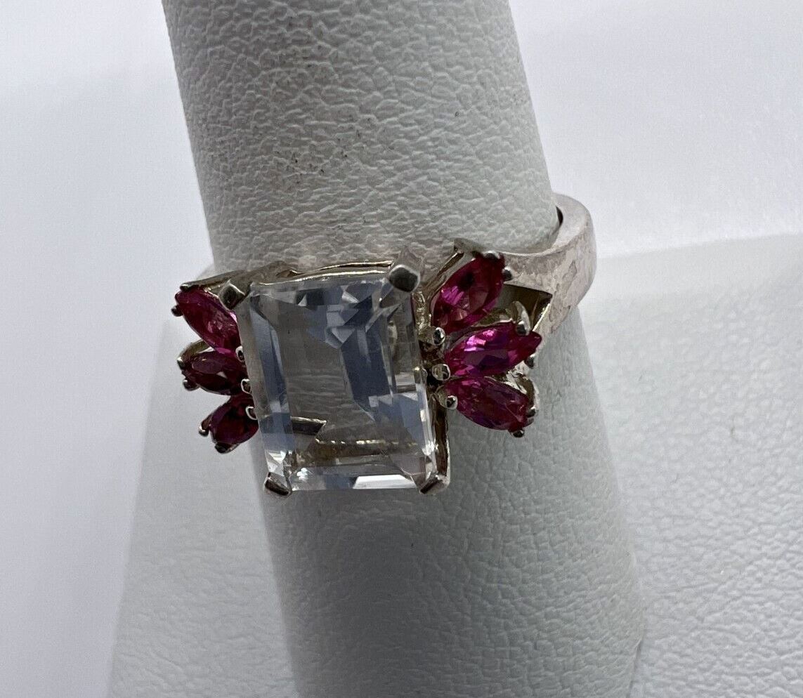 925 STERLING SILVER PINK & COLORLESS SPINEL  RING  SIZE 7.5