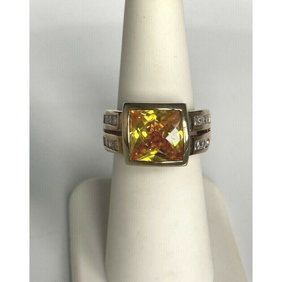 925 STERLING SILVER VERMEIL GOLDEN YELLOW & CLEAR CZ'S RING SIZE 6 SKY