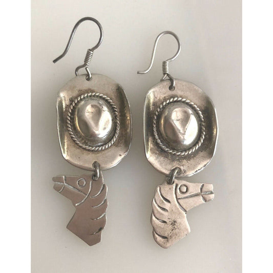 STERLING SILVER COWGIRL EQUESTRIAL HORSE & HAT DANGLE EARRINGS. SKY