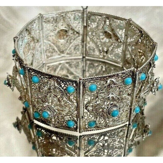 BEAUTIFUL 925 STERLING SILVER FILIGREE& TURQUOISE WIDE BRACELET SKY