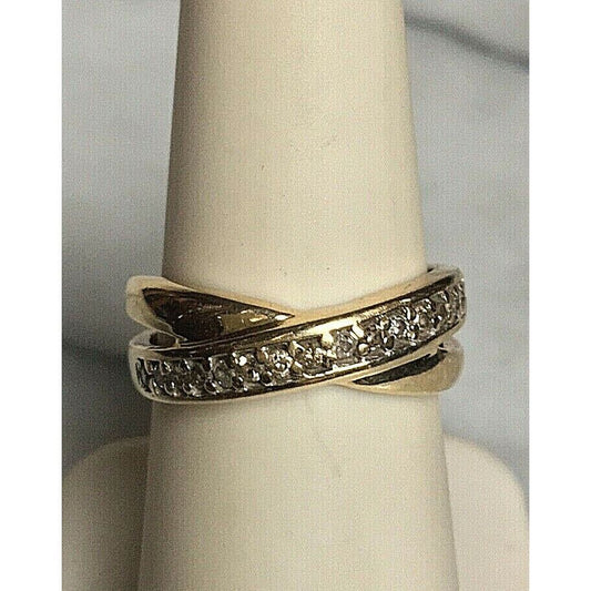 YELLOW GOLD & DIAMOND CROSS OVER RING BAND SIZE 6.5 SKY