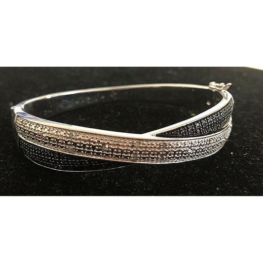 925 STERLING SILVER CLEAR & BLACK DIAMONDS CROSS OVER BANGLE BRACELET SKY