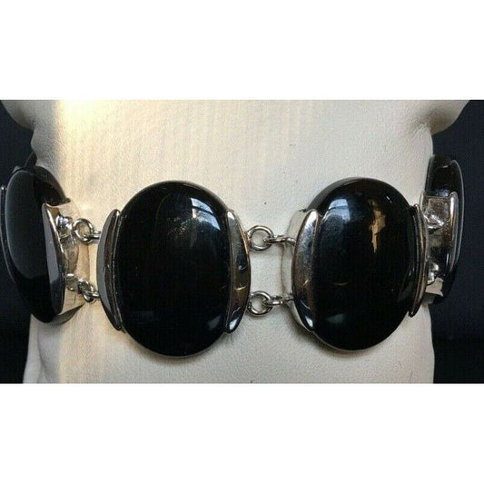 LARGE 925 STERLING SILVER & ONYX STATEMENT BRACELET SKY