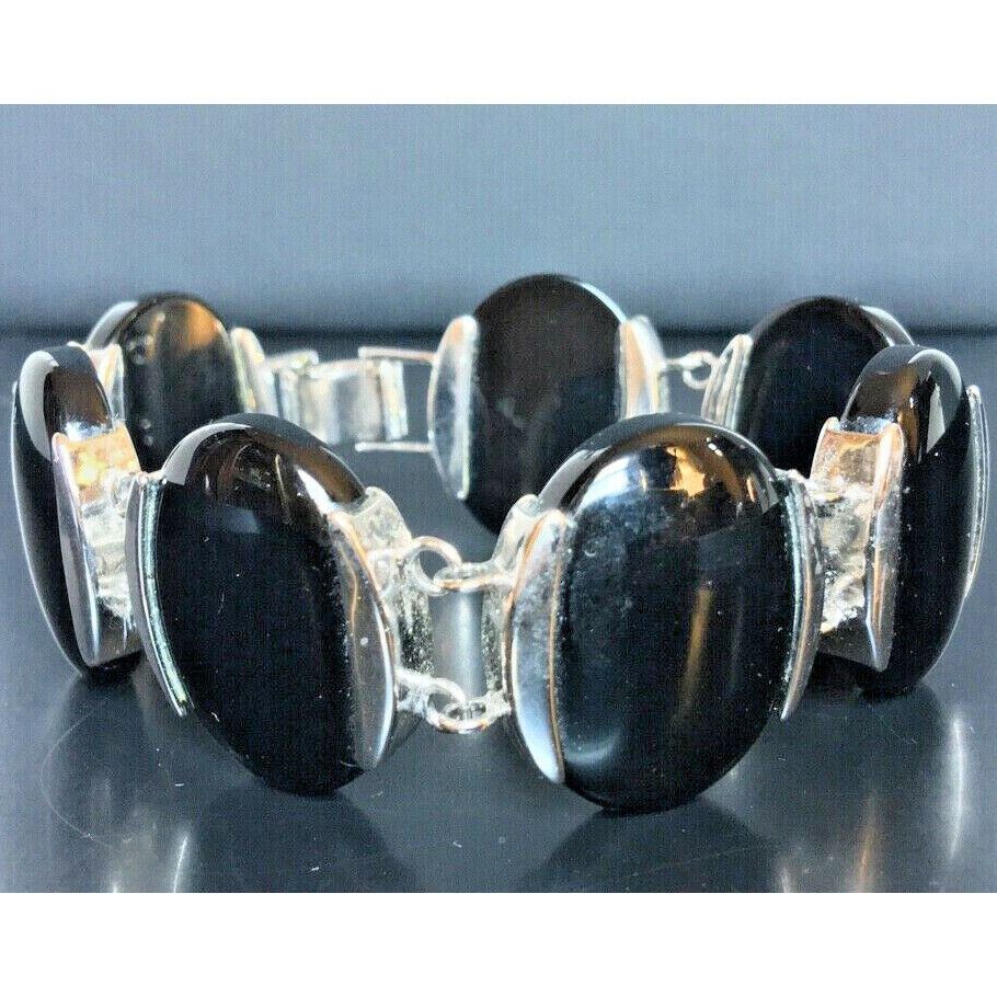 LARGE 925 STERLING SILVER & ONYX STATEMENT BRACELET SKY