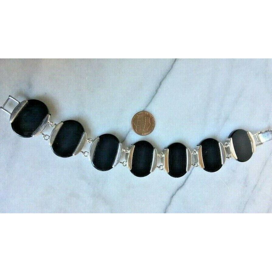 LARGE 925 STERLING SILVER & ONYX STATEMENT BRACELET SKY