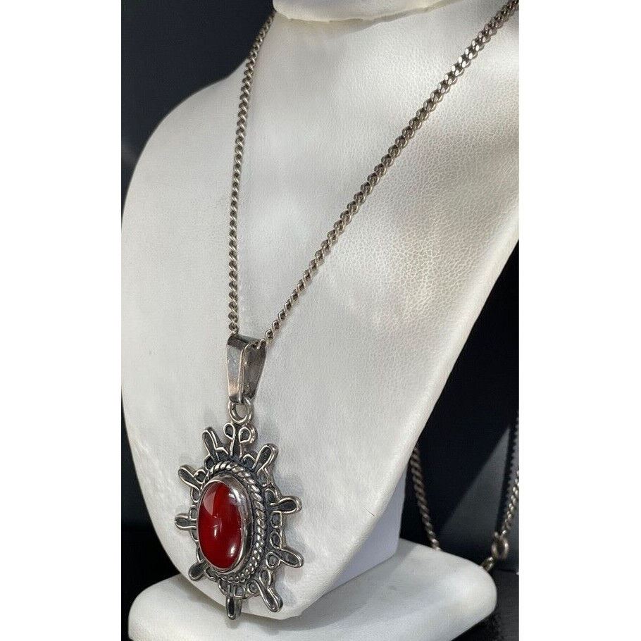 925 STERLING SILVER & LARGE CARNELIAN CABOCHON PENDANT NECKLACE SKY