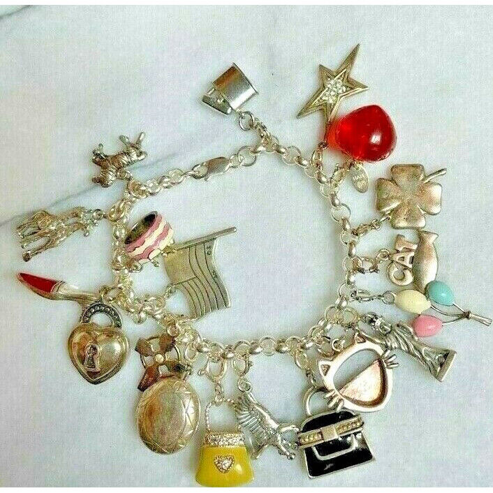 925 STERLING SILVER  CHARM BRACELET, 19 CHARMS SKY