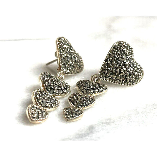 925  STERLING SILVER AND MARCASITES CHAIN OF HEARTS EARRINGS SKY