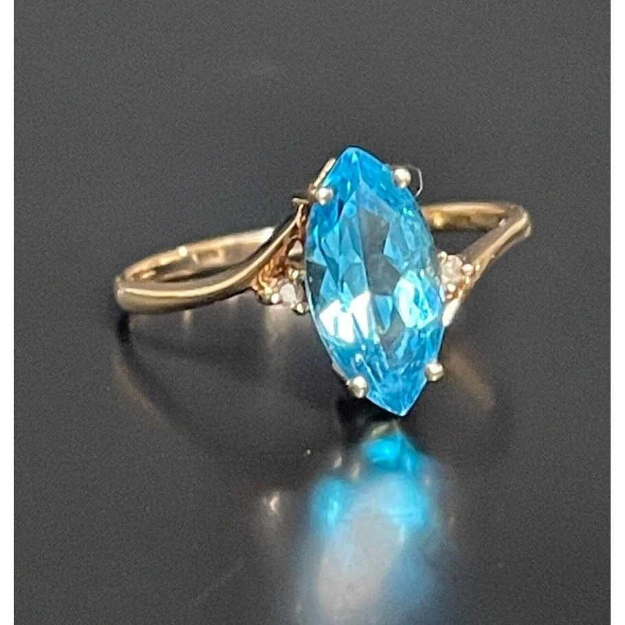 YELLOW GOLD BLUE TOPAZ & DIAMOND RING SIZE 9 SKY