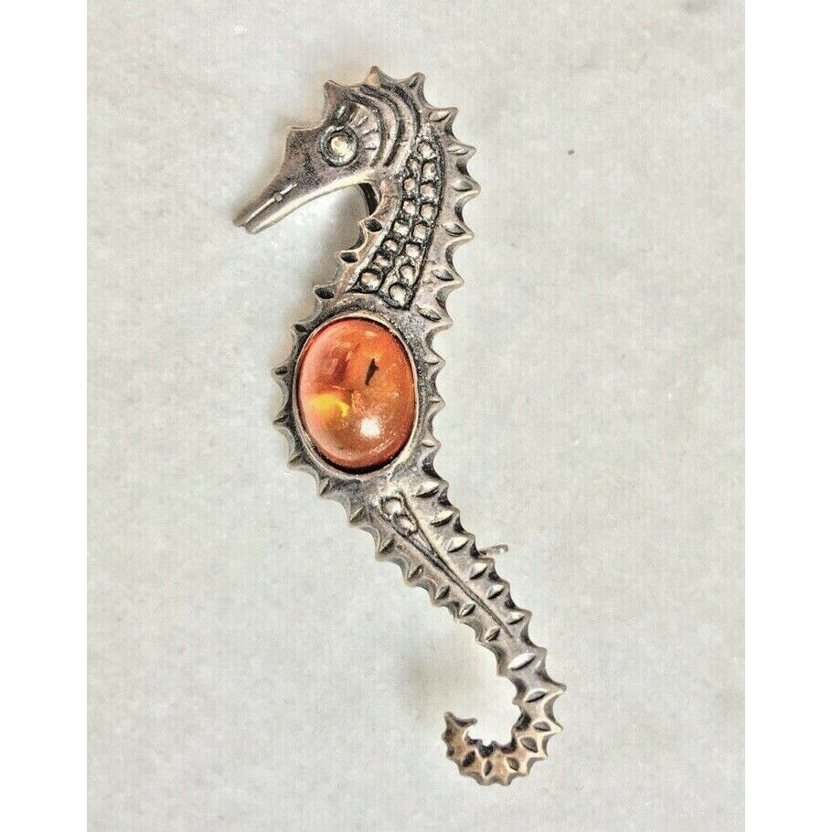 925 STERLING SILVER & AMBER SEAHORSE BROOCH SKY