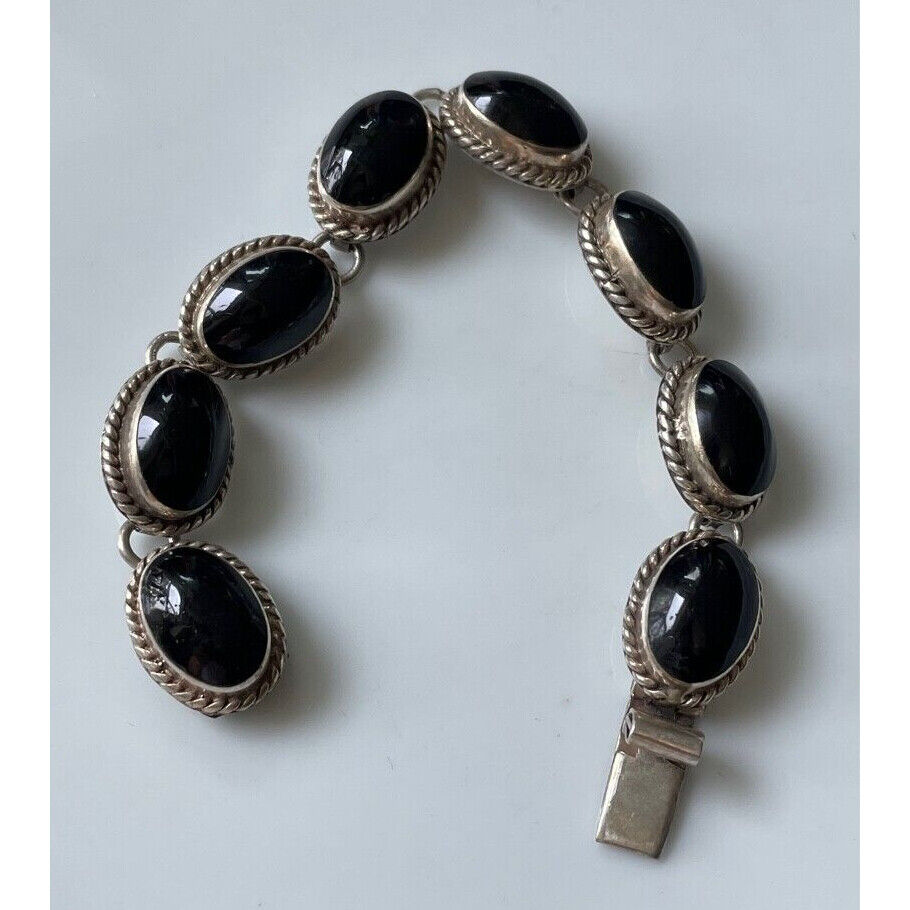 VINTAGE TAXCO 925 STERLING SILVER ONYX BRACELET SKY