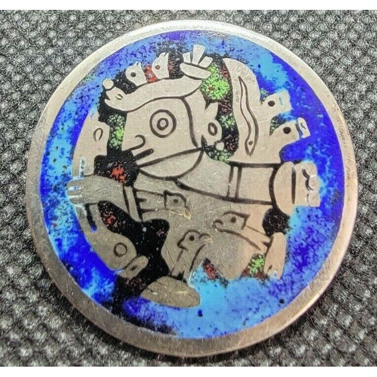 PERU INCA DESIGN 925 STERLING SILVER & ENAMEL BROOCH SKY