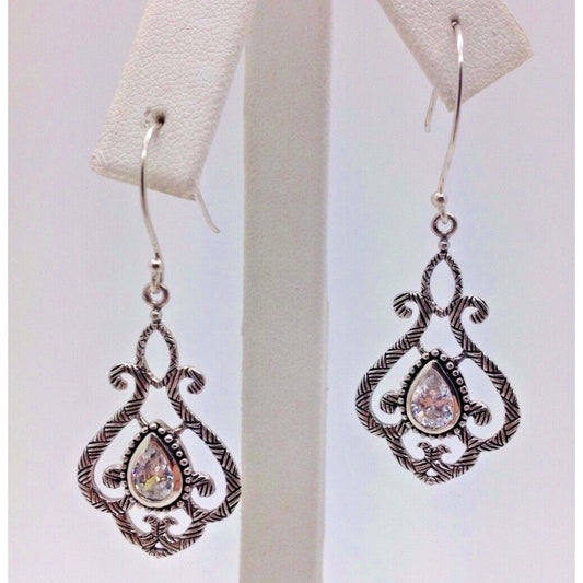 ORNATE STERLING SILVER & SHINY CZ DANGLE EARRINGS SKY