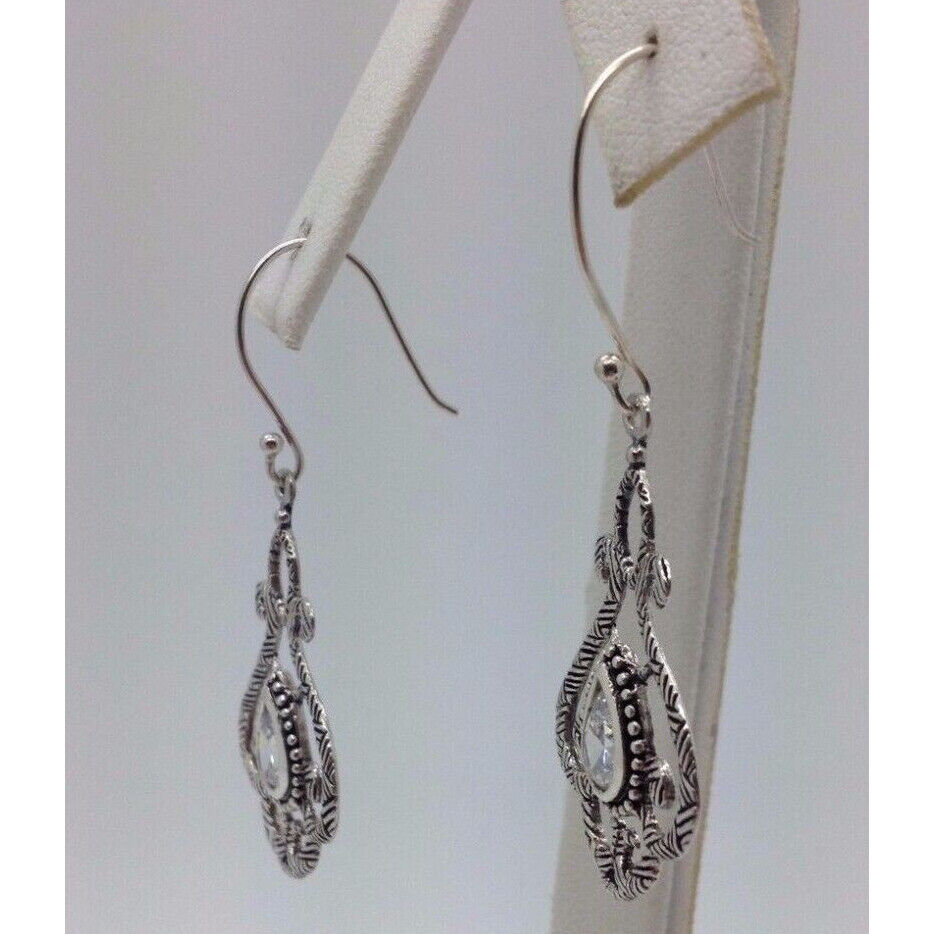 ORNATE STERLING SILVER & SHINY CZ DANGLE EARRINGS SKY