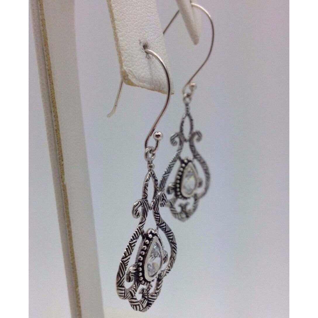 ORNATE STERLING SILVER & SHINY CZ DANGLE EARRINGS SKY