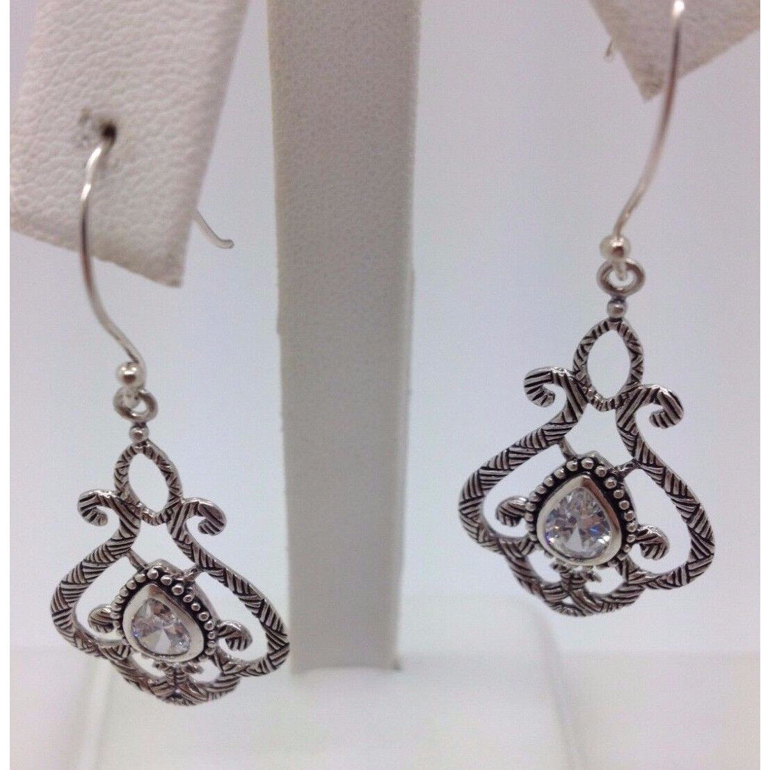 ORNATE STERLING SILVER & SHINY CZ DANGLE EARRINGS SKY