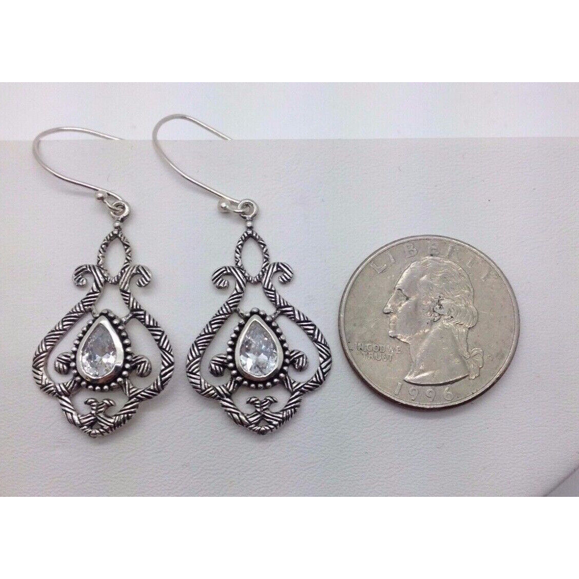 ORNATE STERLING SILVER & SHINY CZ DANGLE EARRINGS SKY