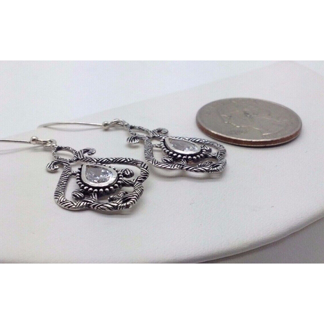 ORNATE STERLING SILVER & SHINY CZ DANGLE EARRINGS SKY