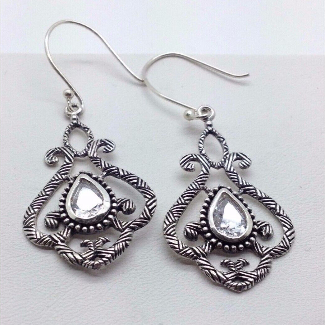 ORNATE STERLING SILVER & SHINY CZ DANGLE EARRINGS SKY