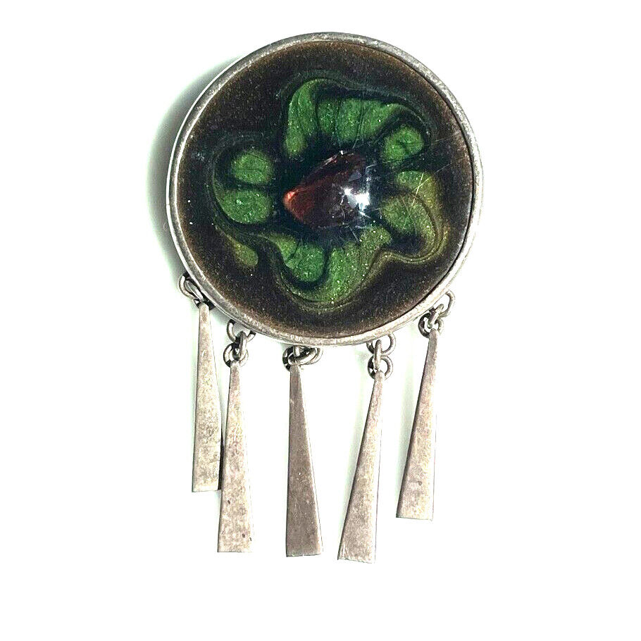 MODERNIST 925 STERLING SILVER ENAMEL ART GLASS  FRINGED BROOCH/PENDANT SKY